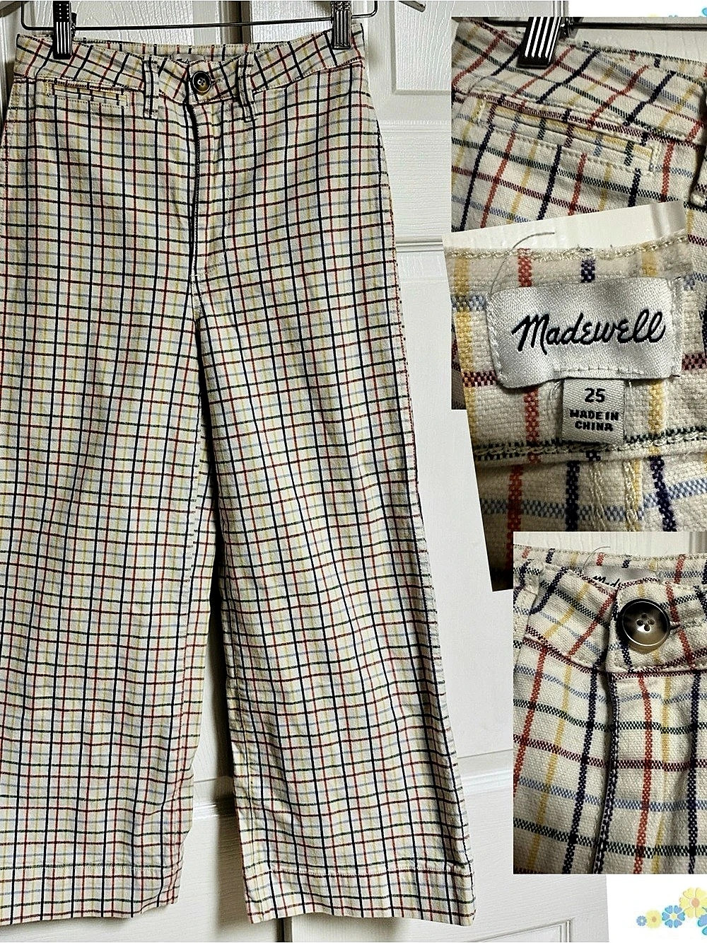 Madewell Plaid Wide Leg Pants Cream & Blue Waist 25